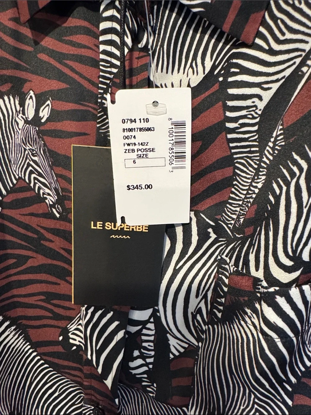 Le Superbe Zebra Posse ExBoyfriend Button Down size 6 NWT - Picture 3 of 4